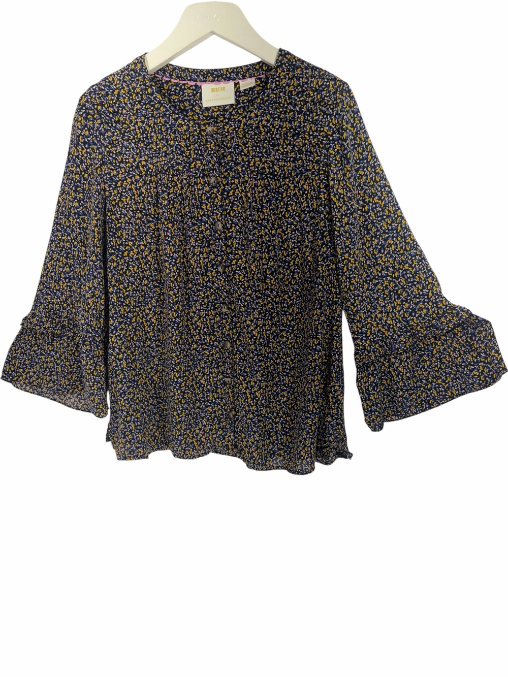 Anthropologie Navy and Mustard Floral Blouse Women's 3/4 Sleeve top size medium - Picture 2 of 10